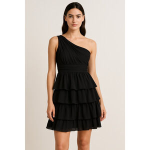 Max & Cleo Size 4 Black One Shoulder Tiered Ruffle Mini Dress Pleated Cocktail
